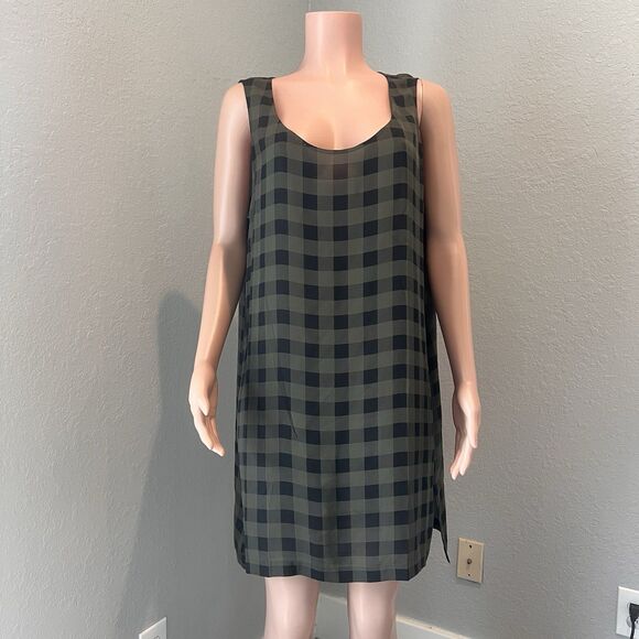 Eileen Fisher Silk Sheer Plaid Sleeveless Hi Low Tunic Black Olive Green XL #88 - Picture 1 of 8
